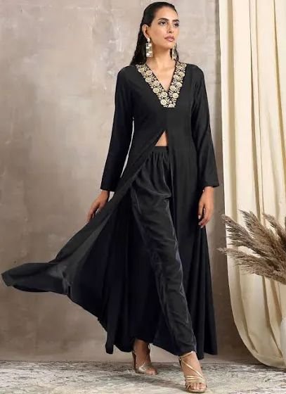 Black Pure Velvet Suit Set with Thread Embroidery